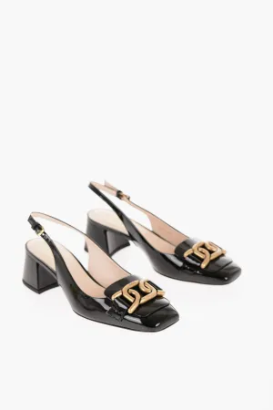 Tod's Patent Leather Slingback Pumps With Golden Effect Horsebite