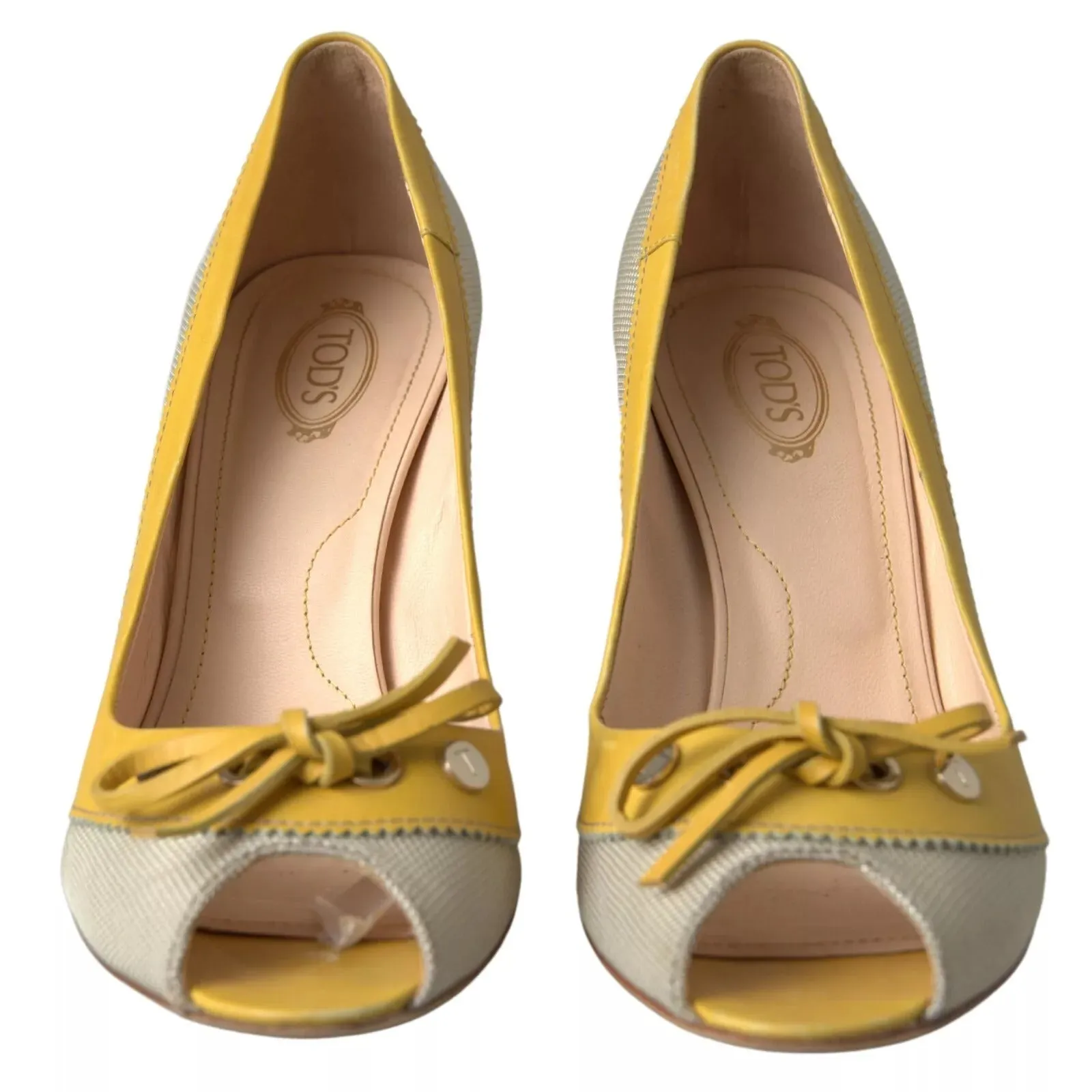 Tod's yellow ivory Peep Toe Heels Pumps Women's Shoes (Pre-Owned)