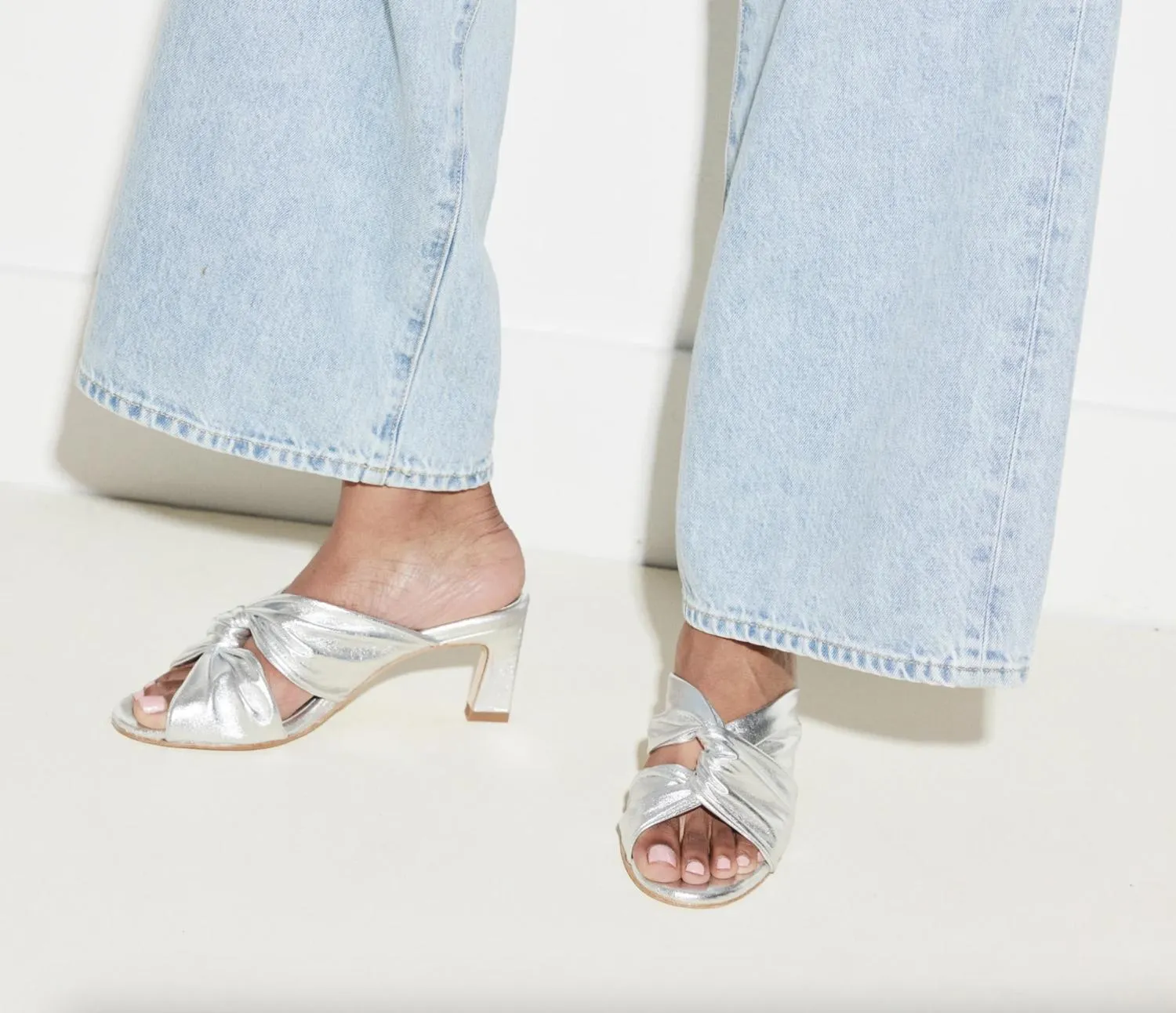 Valentina Twist Mid-Heel Sandal In Silver Calf