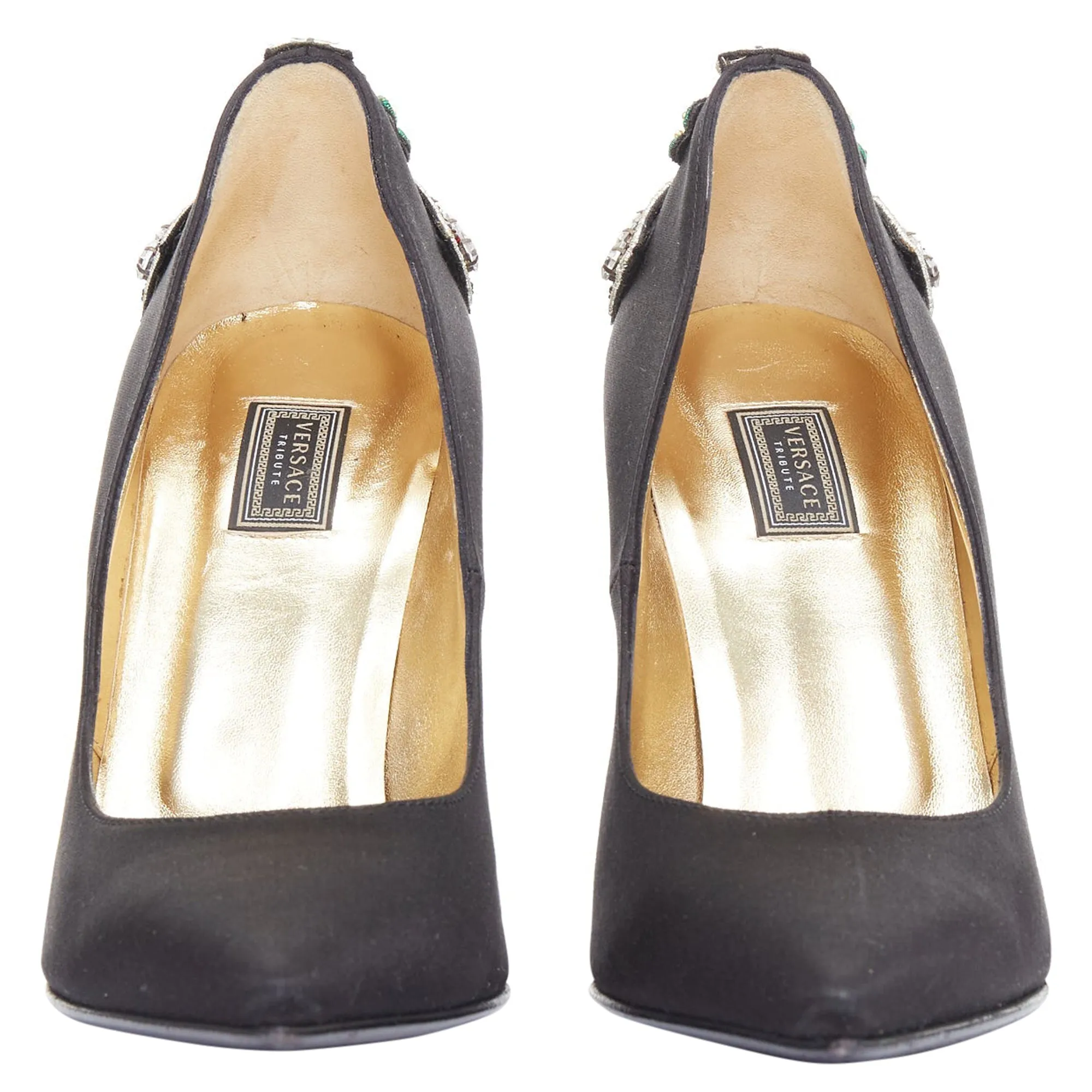 Versace satin byzantine cross encrusted heels