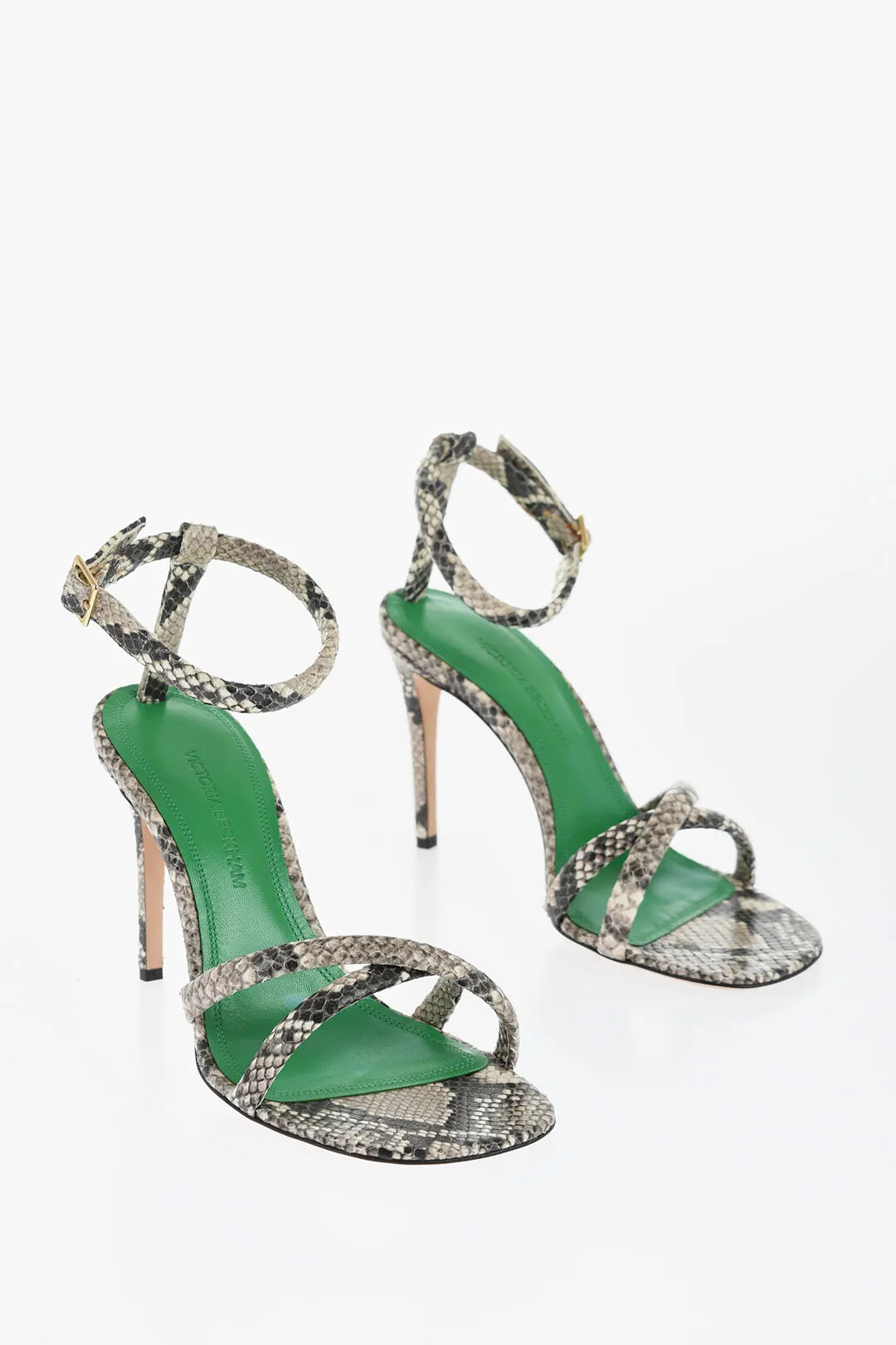Victoria Beckham Snake Effect Leather Ankle-Strap Sandals Heel 9Cm