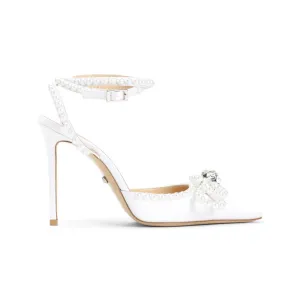 White Double Bow Pearl Silk Pumps