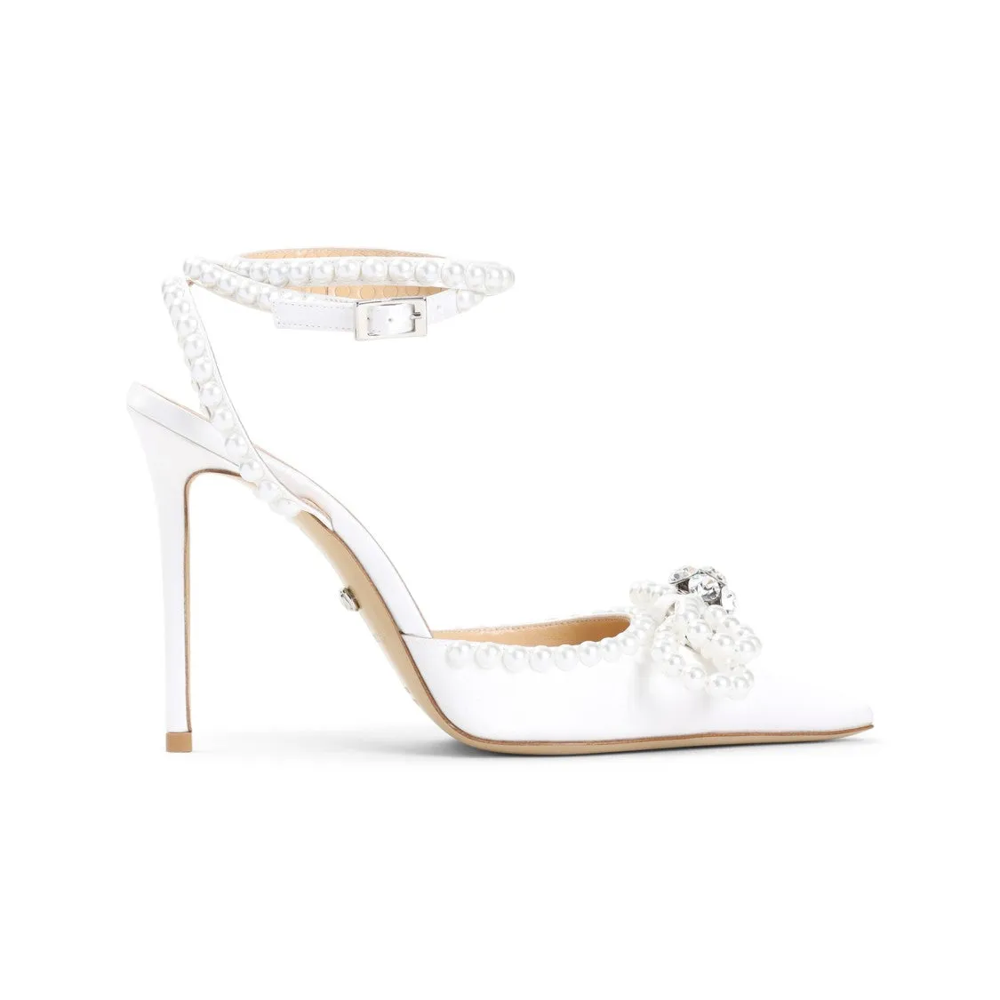 White Double Bow Pearl Silk Pumps