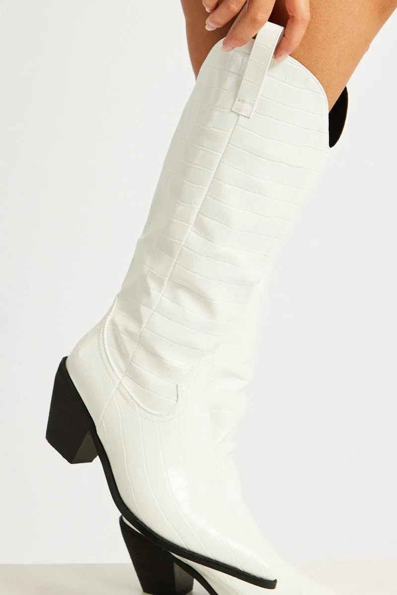 White Knee High Cowboy Boots