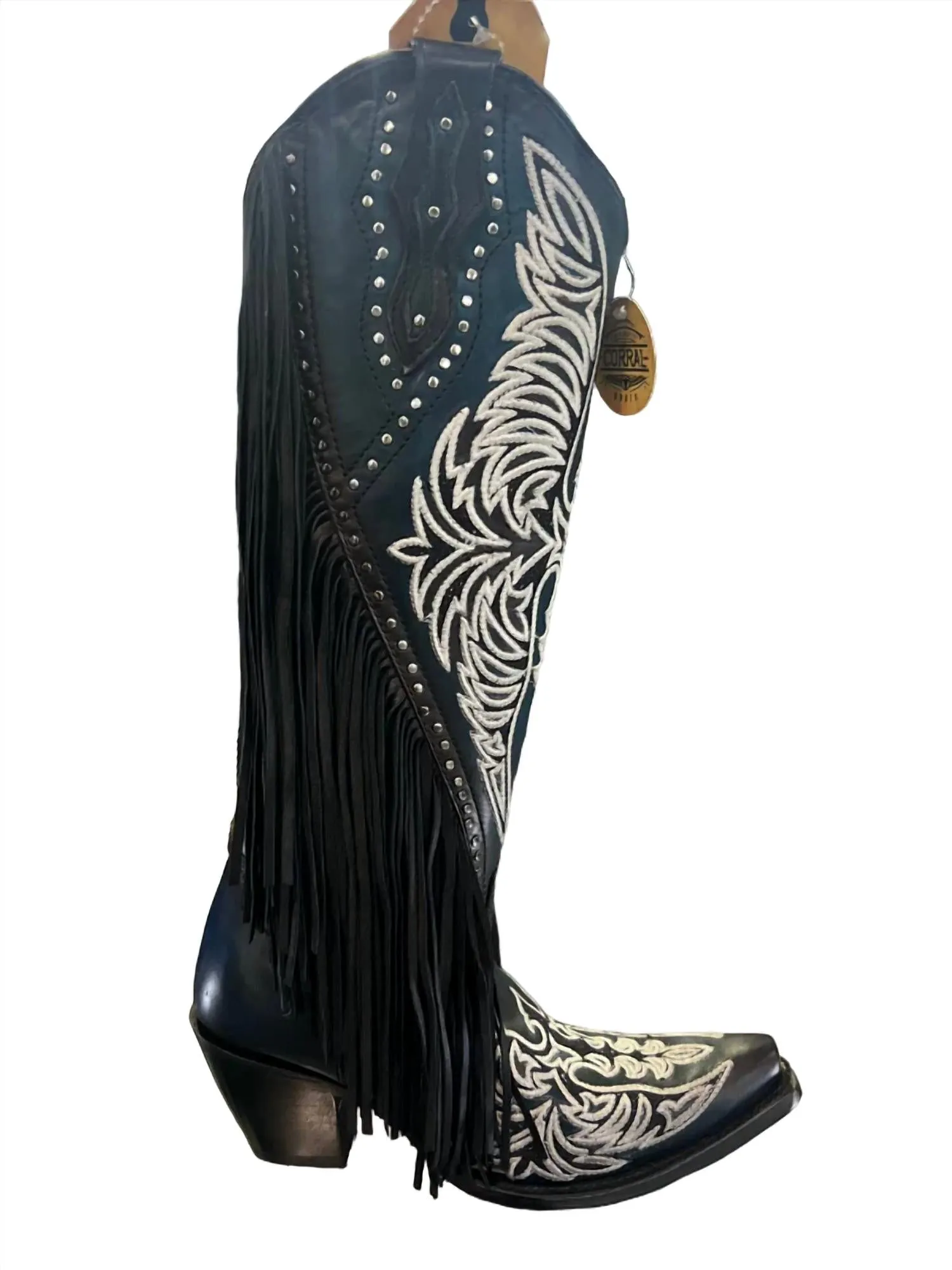 Women's Eagle Embroidery Studs Fringes Western Boot In Black