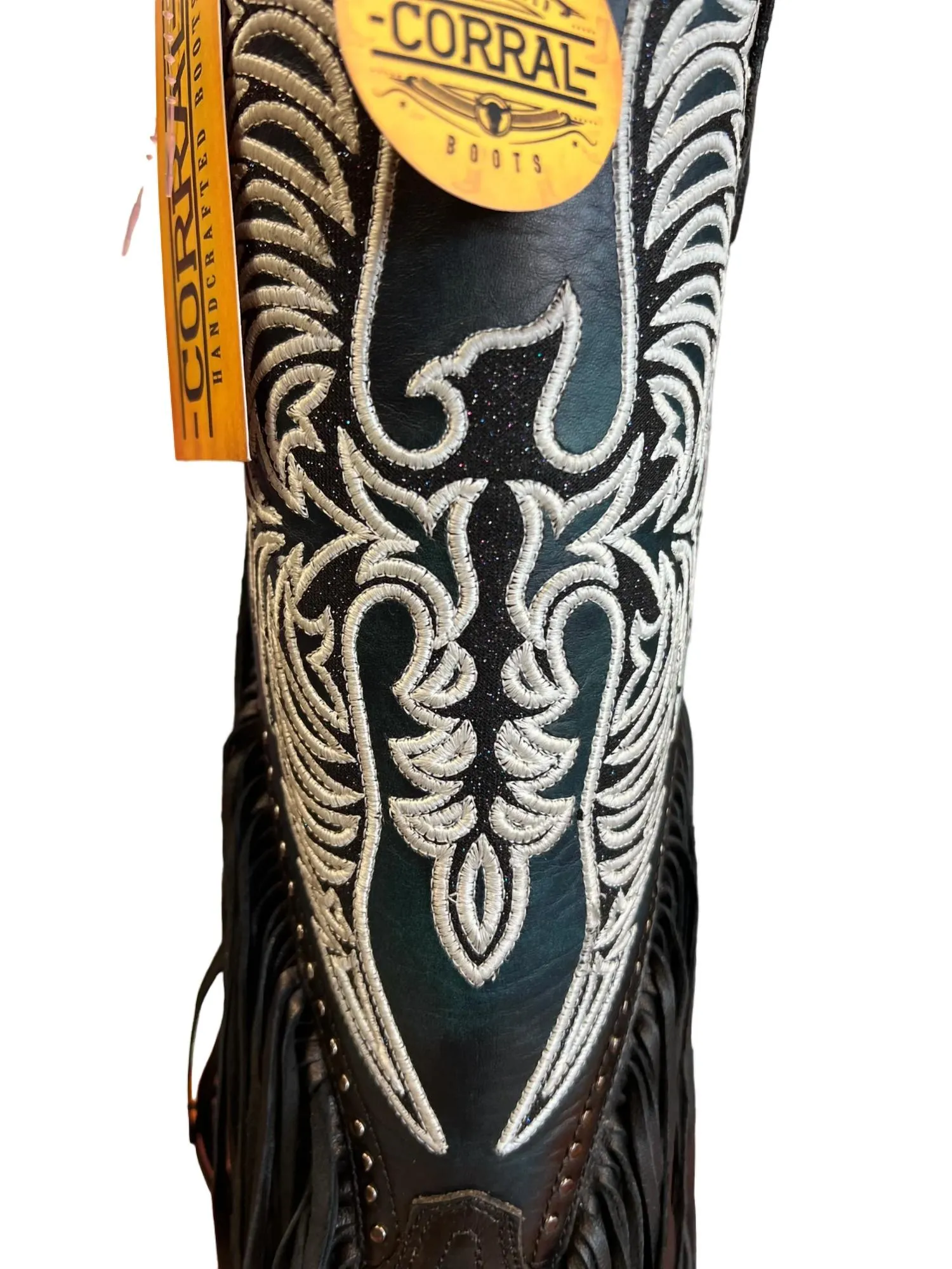 Women's Eagle Embroidery Studs Fringes Western Boot In Black