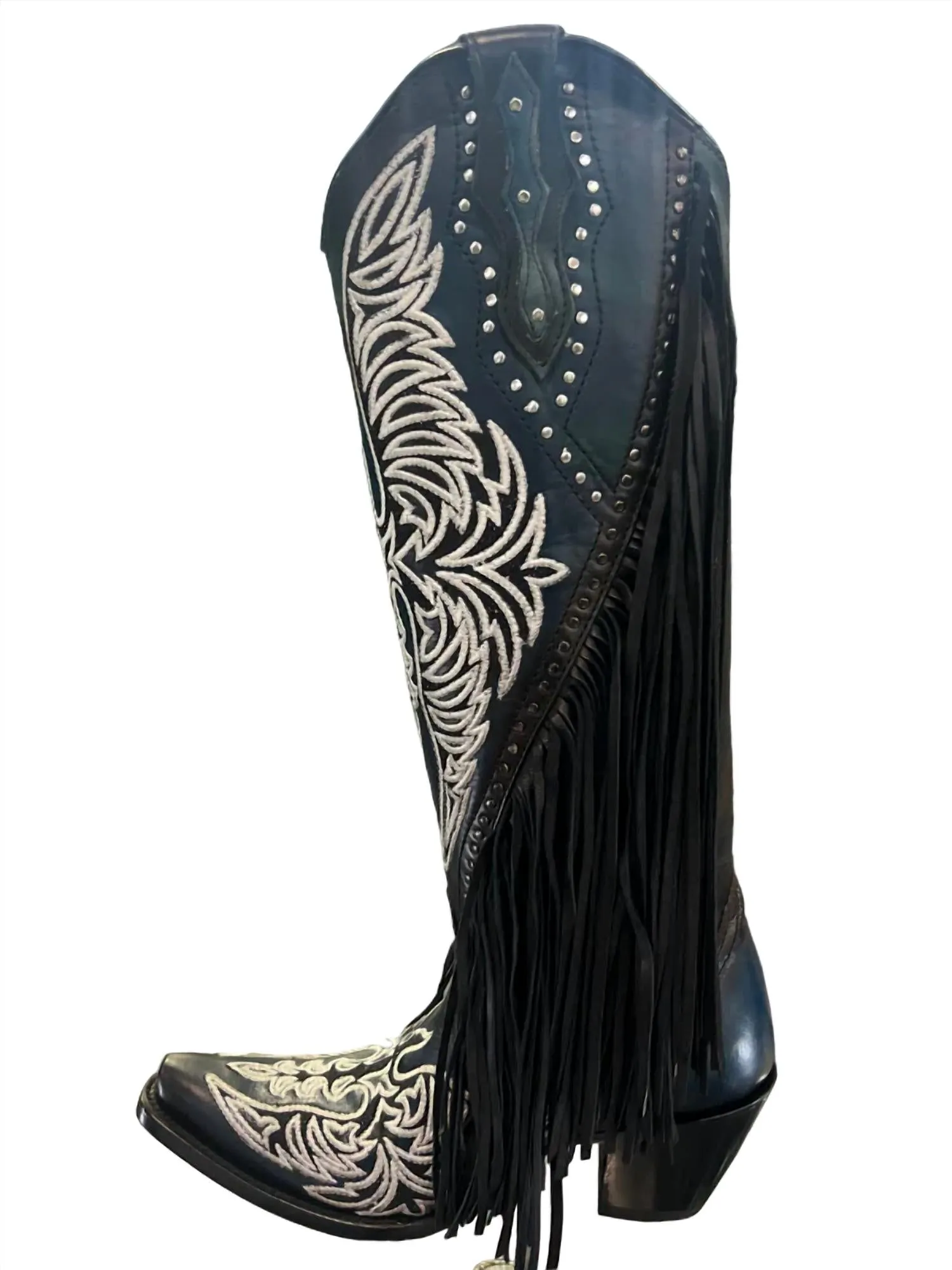 Women's Eagle Embroidery Studs Fringes Western Boot In Black