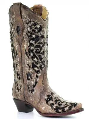 Women's Floral Embroidery Western Boot In Brown