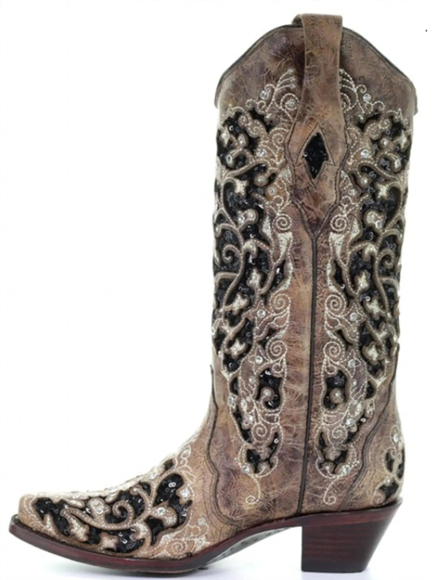 Women's Floral Embroidery Western Boot In Brown