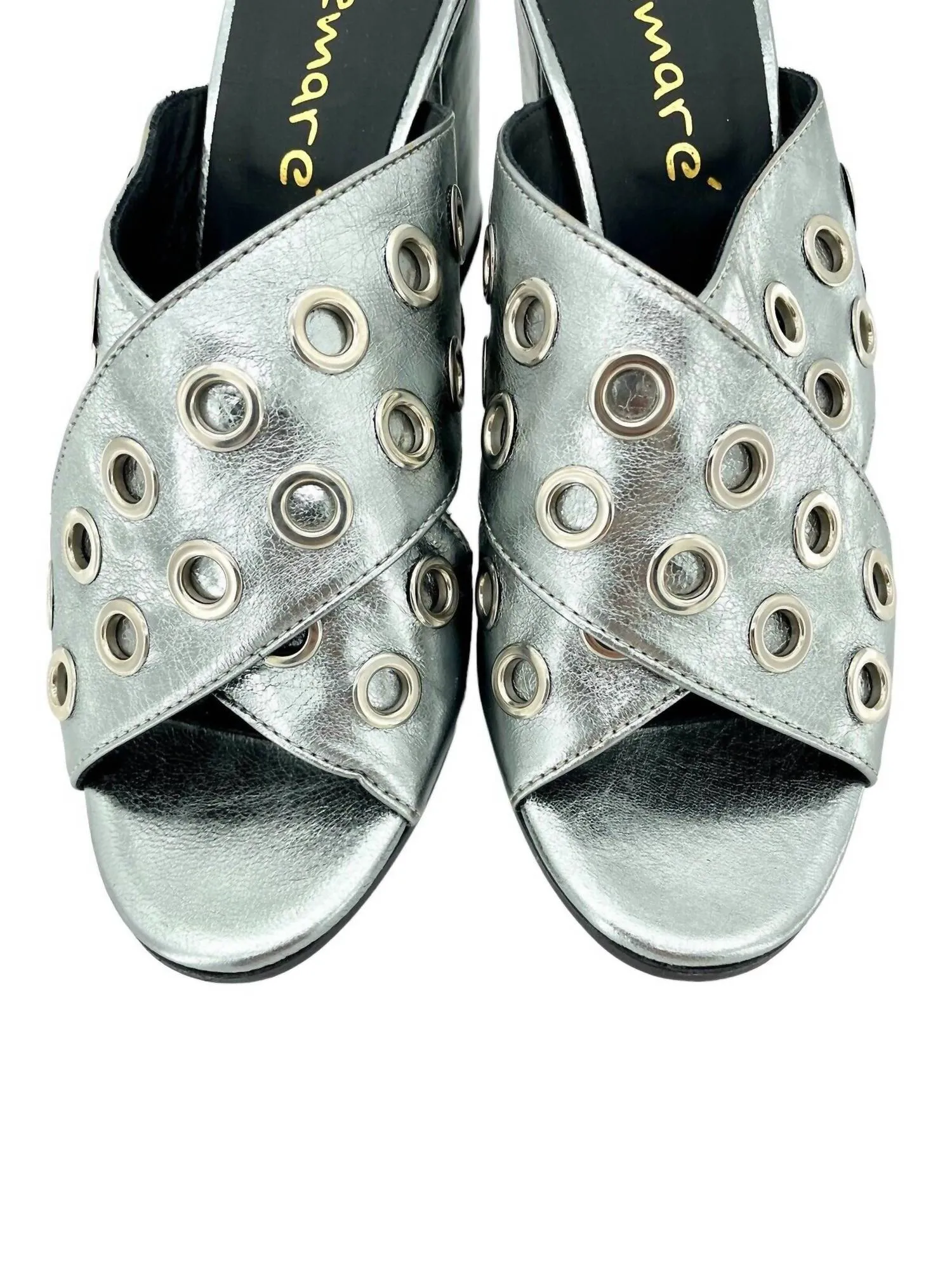 Women's Metallic Cross Grommet Block Heel Sandals In Pewter