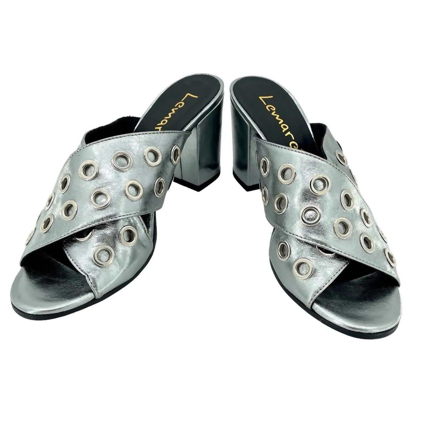Women's Metallic Cross Grommet Block Heel Sandals In Pewter
