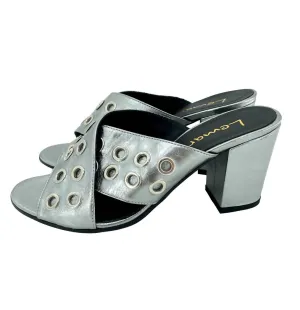 Women's Metallic Cross Grommet Block Heel Sandals In Pewter