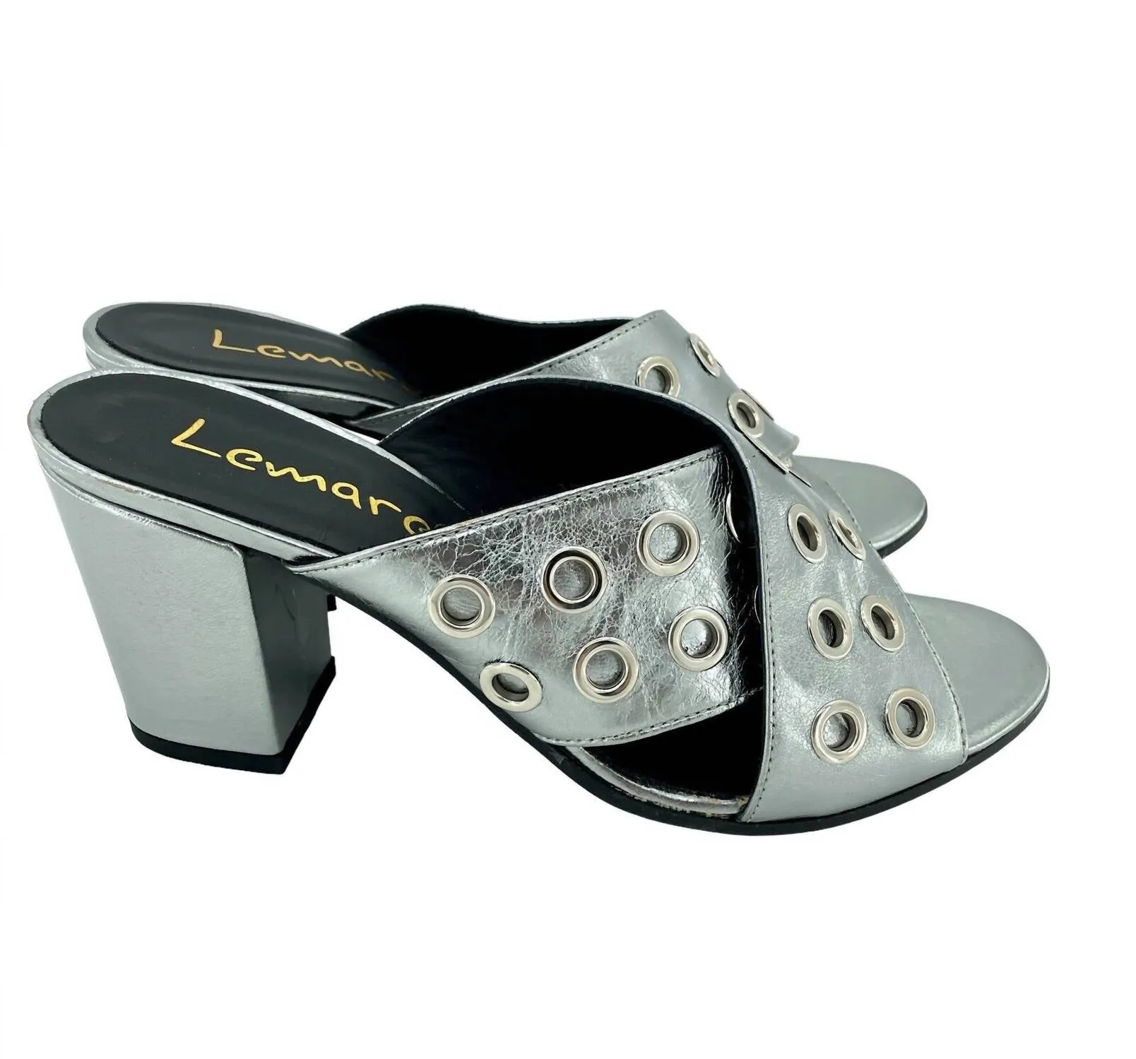 Women's Metallic Cross Grommet Block Heel Sandals In Pewter