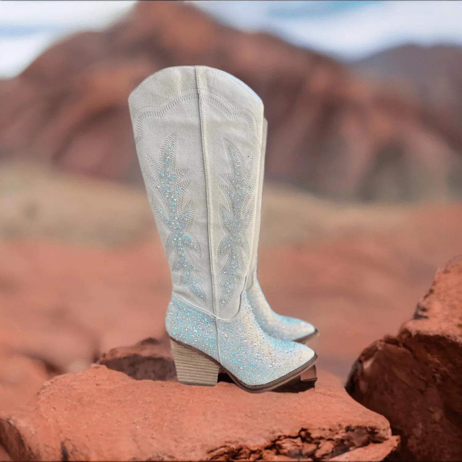 Women's Rhinestone Western Style Boots In Grey