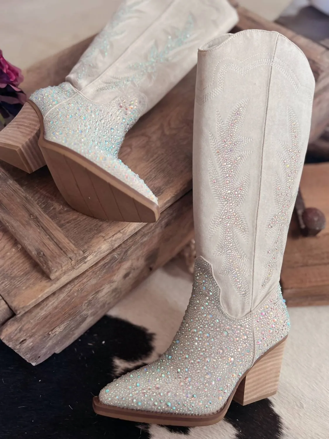 Women's Rhinestone Western Style Boots In Grey