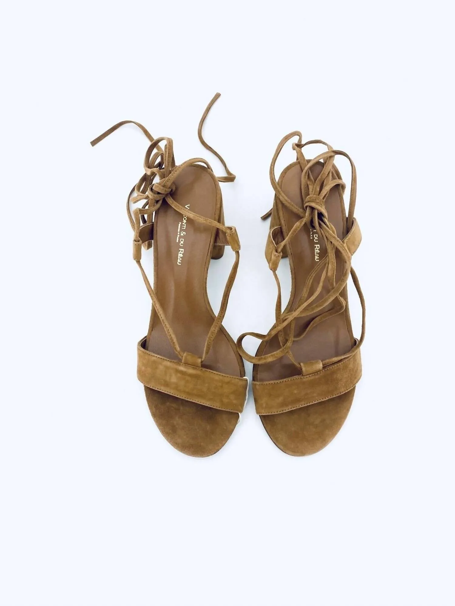 Women's Suede Leather Ankle Wrap Block Heel Sandals In Brown