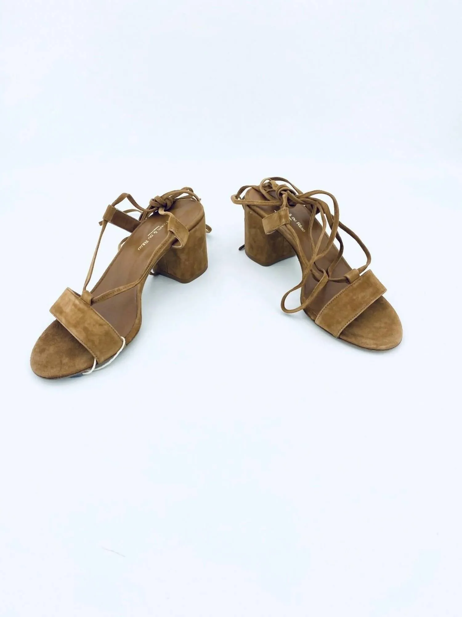 Women's Suede Leather Ankle Wrap Block Heel Sandals In Brown
