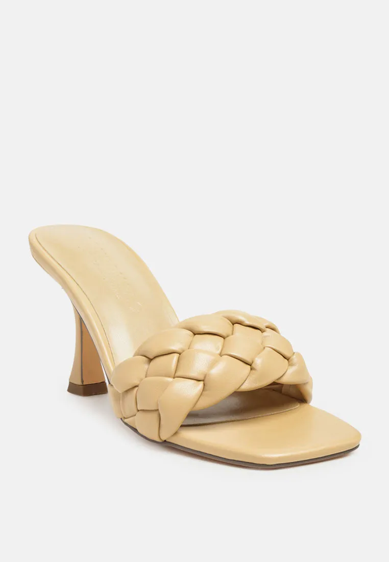 woven strap square toe heeled sandal