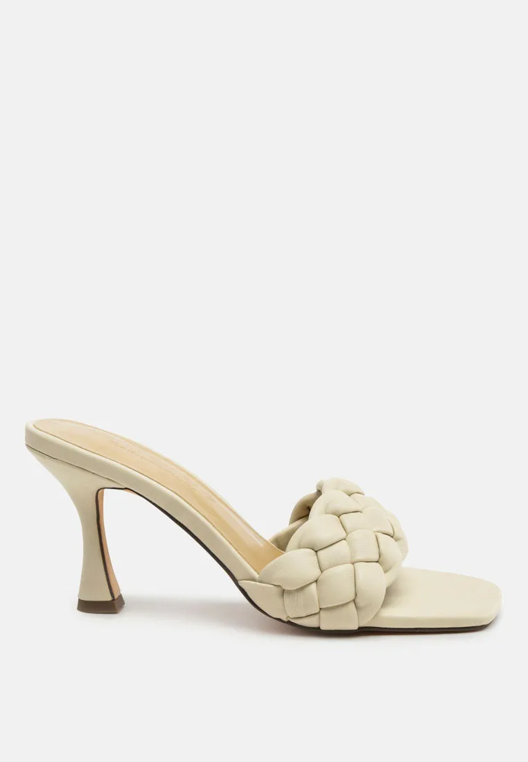 woven strap square toe heeled sandal