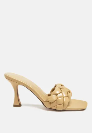 woven strap square toe heeled sandal