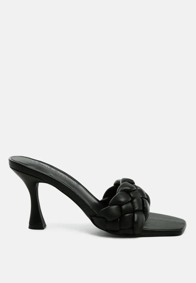 woven strap square toe heeled sandal