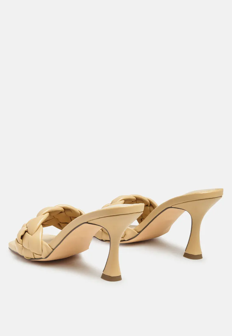 woven strap square toe heeled sandal