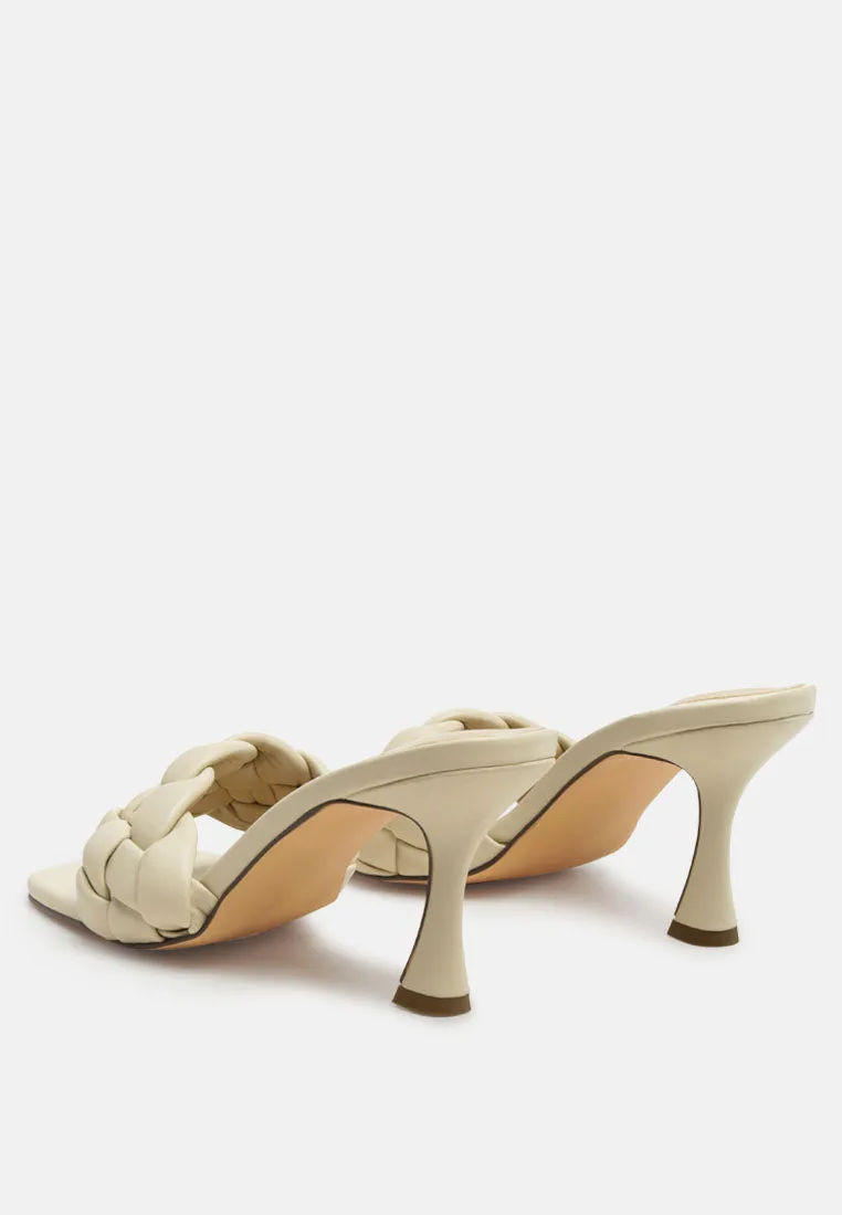 woven strap square toe heeled sandal